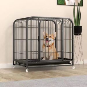 Spacious Strengthened Canine Crate with Bathroom Divider for Golden Retrievers – Wooden and Metallic Indoor Pet Cage in Field Packaging